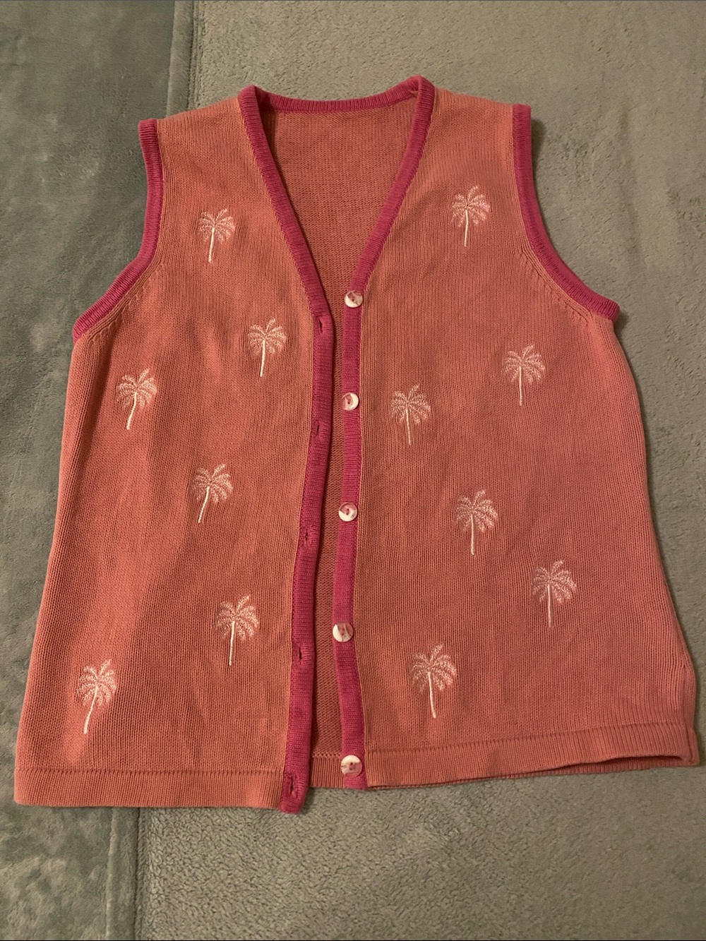 Kids Coral Pink Palm-Embroidered Button Vest